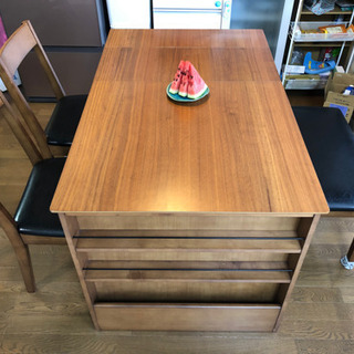 伸縮式 ダイニングテーブルセット サイド収納&椅子2脚&ベンチ付きの画像