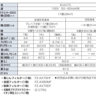 SHARP シャープ 加湿空気清浄機 31畳 高濃度プラズマクラスター25000 KI-AX70 (プラズマクラスターイオン発生ユニットほぼ新品)の画像