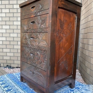 逸品 貴重 5段チェスト 引出 抽斗 無垢材 検 伝統工芸 軽井沢彫? 日光彫? 松本民芸の画像