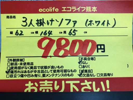 3人掛けソファ （ホワイト）【C1-728】