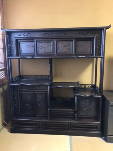 最終値下げ☆飾り棚　極上木目 総黒檀無垢 花彫 唐木 茶棚 違い棚  茶箪笥