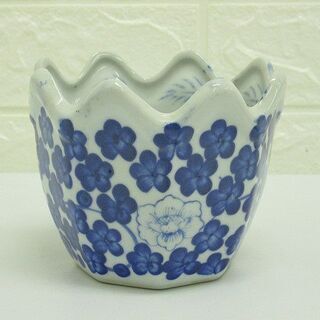 si0640　陶器製　鉢　鉢受け　セット　青/白　花柄　花模様　プランター　植木鉢　陶器鉢　コンパクトサイズ　花　植物　観葉植物の画像