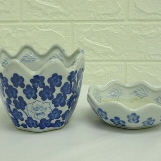 si0640　陶器製　鉢　鉢受け　セット　青/白　花柄　花模様　プランター　植木鉢　陶器鉢　コンパクトサイズ　花　植物　観葉植物の画像