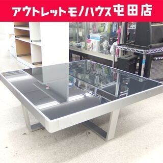 リビングテーブル 100×100 ガラス天板 スクエア アルミフレーム 