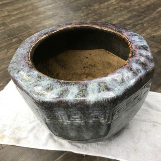★時代★陶器製 八角火鉢 青色 39cm★瓶掛 金魚鉢 メダカ鉢...