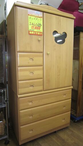 R077 国産 インテリア井上 ミッキーマウスキッズタンス、キッズワードローブ、幅90cm