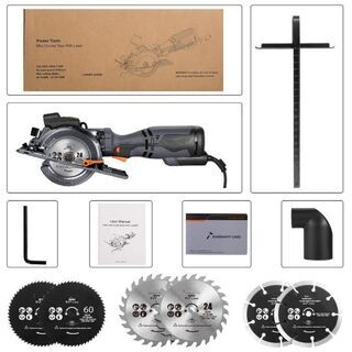 新品　未使用　そのほかも色々激安にて、出品してます！！スピーディーに作業 丸ノコ レーザーガイド切断面 きれい 刃径120mm 6本替刃 3500RPM 最大切込47.5mm 左に0-45° 木材・金属・プラスチック・レンガ・コンクリートの切断 TCS115Aの画像
