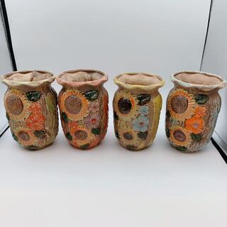 植木鉢 陶器　多肉植物花瓶　4個セット　ひまわり柄　陶器大型花瓶