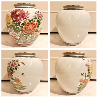 【ネット決済・配送】#17 九谷焼　九谷陶寿　陶寿作　花瓶　花柄　鳥文　金彩　骨董品　豪華　華道具　花瓶　花器　花生　花入　壺　壷　和柄　和風　花柄　日本製　ツボ　カビン　かびん　つぼ　牡丹　菊 Japanese flower vase pottery beautiful Kutani ware product made artの画像