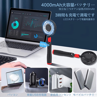 【新品】【2本入り 1台3役】携帯扇風機 手持ち扇風機 分離型 手持/卓上/首掛け三用 大容量4000Mah LEDディスプレイ残量確認 プレゼントとする 360°調節可能 USB充電式 静音運転 3段風量調節 くびかけ 折り畳み式 持ち運び便利 熱中症対策 一年間品質保証 日本語説明書付き(ブラック-レッド)の画像