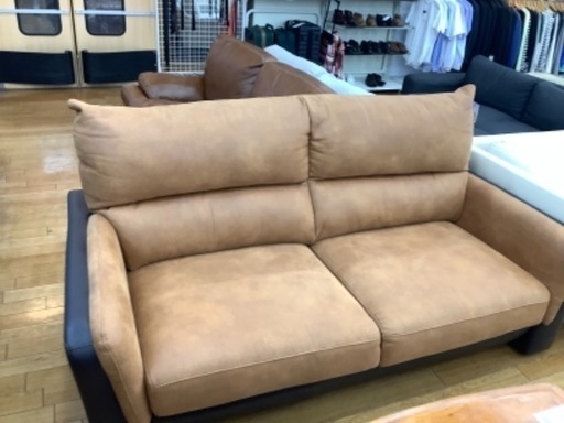 2人掛けソファー　キャメル×ブラック　合皮×スウェード風　幅188cm 高さ95cm 奥行96cm