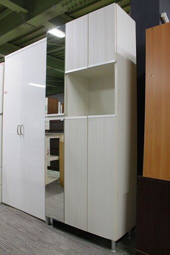 シューズボックス 6枚扉 幅75 靴箱 ホワイト 姿見 鏡 ミラー  収納家具 中古家具 店頭引取歓迎 R3935)