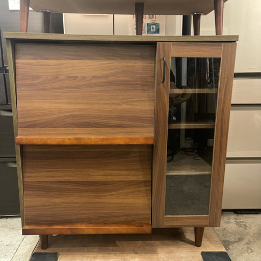 【売約済み】　レンジボード　食器棚　サイドボード　キッチンボード　キッチン収納　ブラウン　検　ニトリ　NITORI  スライド式　モダン　ウォルナット　リビング収納　ノーチェ　noce  北欧デザイン