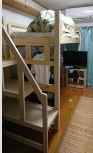 階段付き宮付きコンセント付き木製ロフトベッド