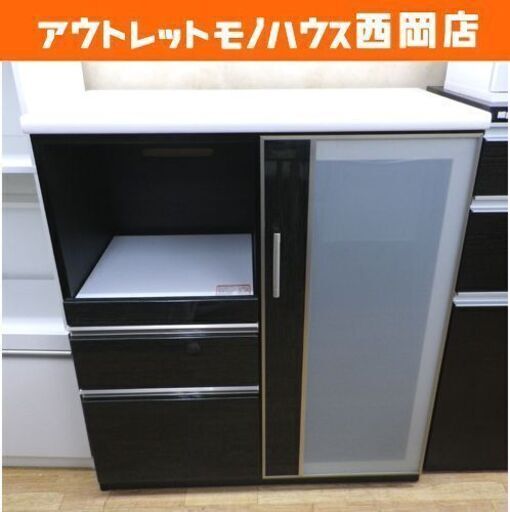 ミドルレンジボード 幅90㎝ ブラック×白天板  エナメル調 キッチンカウンター 食器棚　西岡店