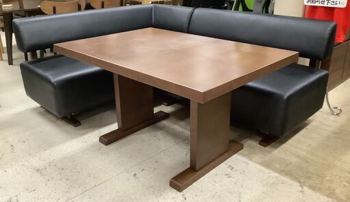 シギヤマ家具 ダイニングテーブル 3点セット L字型 ブラウン木目×ブラック テーブル／ソファ×2【ユーズドユーズ名古屋天白店】 J1032