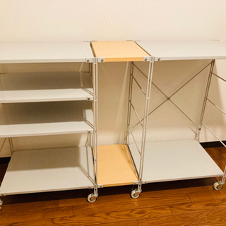 無印良品　グレーのスチール×木製　ワイド　ユニットシェルフ