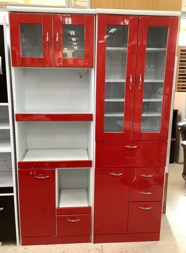 レンジボード 食器棚 ハイタイプ 2台セット レッド×ホワイト【ユーズドユーズ名古屋天白店】 J1049