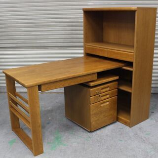 T673) 浜本工芸 書斎デスク 学習机 パソコンデスク PCデスク セット チェスト ワゴン 家具 インテリア