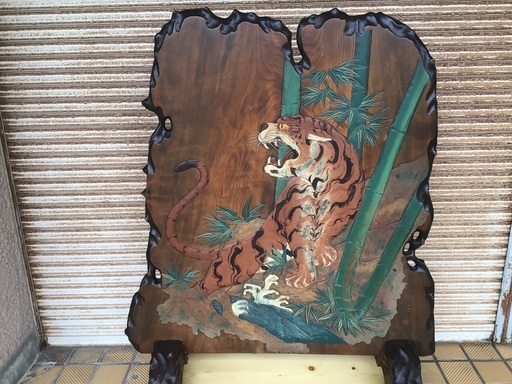 一枚板　衝立　一刀彫り　両面彫　配達相談承ります