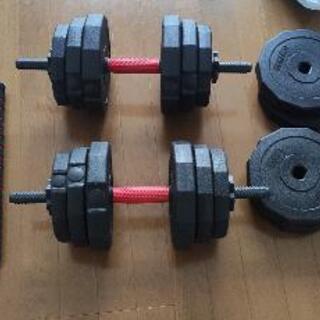 ダンベル20kg2つセット、バーベル、腹筋ローラー付き