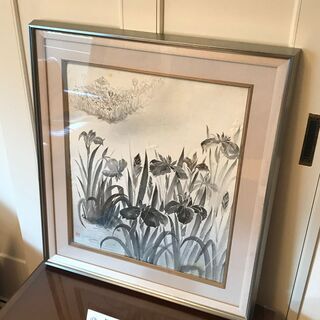 日本画 額付き　アヤメ　花菖蒲　墨絵　絵画①の画像