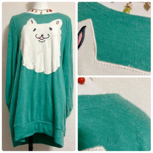 ご購入者様決定꒰WIN HEART꒱猫ちゃんニット チュニック青緑系 長袖トップスLサイズOK