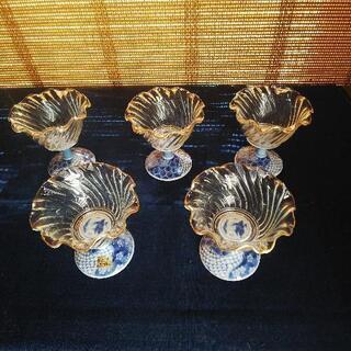 美濃焼 三洋陶器 龍峰窯 染付捻祥瑞 ガラスデザート鉢揃 高台小鉢 5個セット 三洋陶器 龍峰窯 祥端ガラスデザート鉢揃 5客 新品 未使用