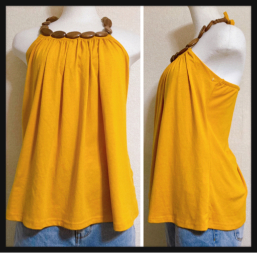 ご購入者様決定 ウッドビーズ ホルターネック 黄色 カラシ色 トップス LサイズOK