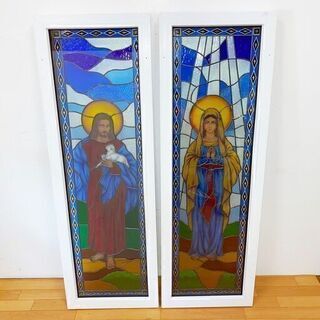ステンドグラス キリスト マリア サッシ 2枚セット 150㎝×49.5