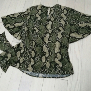 匿名配送❗️未使用に近いエイチアンドエムデザインシャツカットソーTシャツパイソン柄グリーン系柔らか癒される人気素敵スタイリッシュ大活躍オシャレの画像