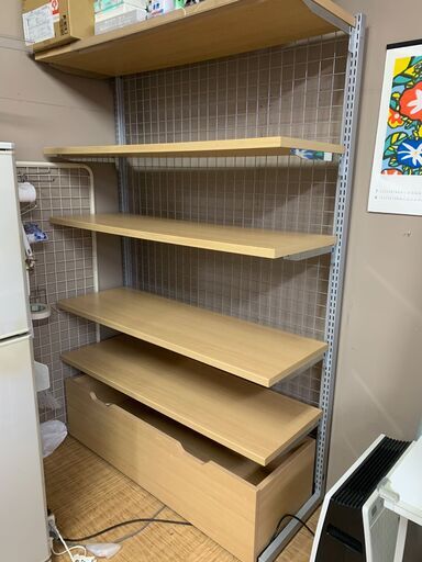 店舗什器 木棚 木製収納トロッコ付き