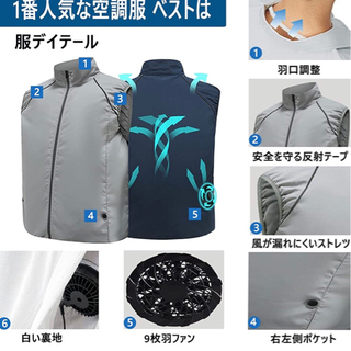 【新品未使用】空調服 ベスト 空調ウェア 冷却服 空調作業服 強力風量 低騒音 通気 USB給電式 熱中症対策 高温作業 光反射作業着 アウトドア ゴルフ 男女兼用 汗臭を抑えるの画像