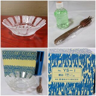 未使用品　曽我ガラス　窯彩　★ 大鉢 + ヘルパー　セット ★　サラダボール　ガラス盛皿　スプーン＆フォーク　昭和レトロの画像