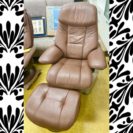 【カリモク】RU58 本革張り リクライニングチェア＆オットマンマンセット