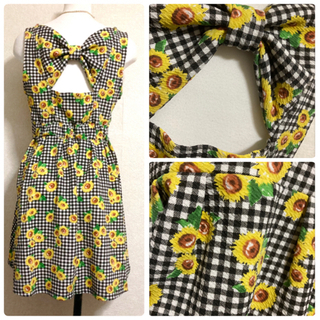 ꒰CHIP CLIP꒱背中リボン ひまわり総柄 ワンピース白黒ギンガムチェックの画像