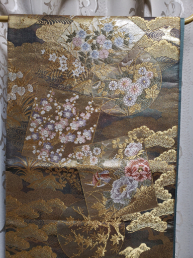 袋帯 京友禅 錦糸、銀糸、雲、花、松、流水柄