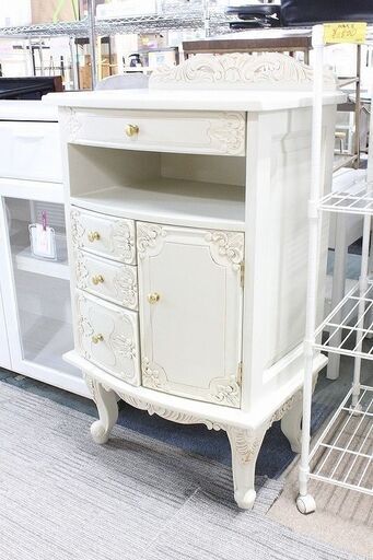 アンティーク調TEL台 幅54 姫家具 猫脚 ロココ調 ホワイト マホガニー材 カブリオールレッグ  収納家具 中古家具 店頭引取歓迎 R4172)