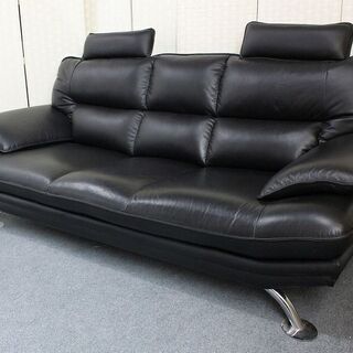 ニトリ ロゾ4 ハイグレード3人用本革ソファ 幅205 セミハイバック OPヘッドレスト２本付属 ブラック  ソファ 中古家具 店頭引取歓迎 R4131)