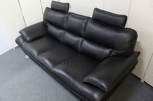 ニトリ ロゾ4 ハイグレード3人用本革ソファ 幅205 セミハイバック OPヘッドレスト２本付属 ブラック  ソファ 中古家具 店頭引取歓迎 R4131)