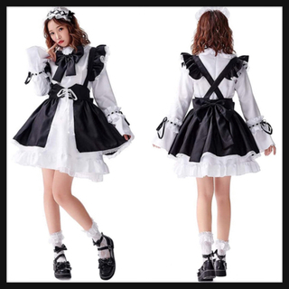 ご購入者様決定꒰未使用꒱メイドコスチューム白黒フリルリボン 夢可愛い ハロウィン 大きめサイズの画像