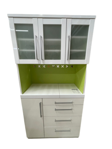 GM691【近隣配達可能】キッチンボード　食器棚　幅89㎝　白×緑　リサイクルショップ　ケイラック朝霞田島店　ケイラック　埼玉県　朝霞市　田島　和光市　志木市　新座市　富士見市　ふじみ野市　三芳町　戸田市　蕨市　さいたま市(岩槻以外)　川越市　所沢市　上尾市　東京都　板橋区　練馬区　清瀬市