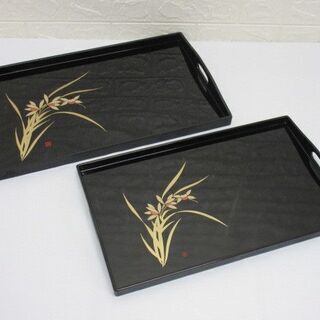 st0238　未使用品　蘭蒔絵　二段重ね盆セット　長手盆2枚セット　　監修　池田喜一　山中塗　長手盆　お盆　トレイ　トレー　漆工芸　食膳の画像