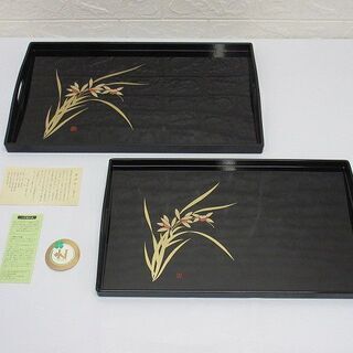 st0238　未使用品　蘭蒔絵　二段重ね盆セット　長手盆2枚セッ...