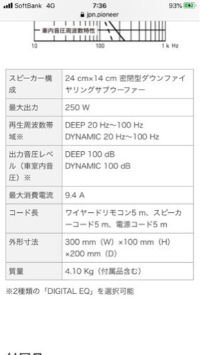 使用期間約2ヶ月 carrozzeriaサブウーファー