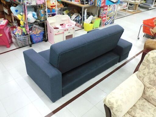 ソファベッド タキノウ3 幅154×奥行79×高75cm ファブリック ブルー系 ソファーベッド 2人掛け 引出し付 オットマン付 布