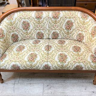 近隣配送無料☆アンティーク 二人掛けソファー 花柄 ブラウン×ベージュ