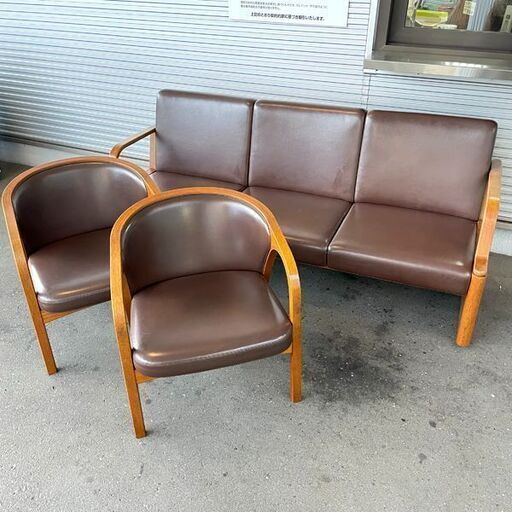 天童木工？ 【三人掛けソファ+一人掛けソファ 2脚 セット】レザー ブラウン 茶 ウッド