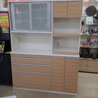 J647 松田家具 キッチンボード 食器棚 ベレットレンジ ライト 160 ナチュラル／ホワイト 1560×485×2065 クリーニング済み