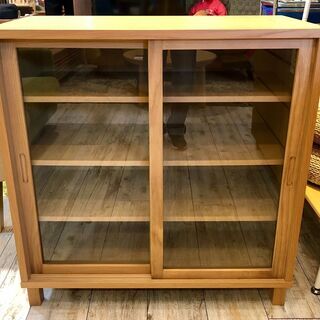 中古 無印良品 キャビネット・ガラス扉（引戸） オーク材